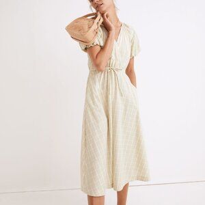 Madewell Plaid Tie-Waist Midi Dress in Faded Seagrass Size Medium NWT